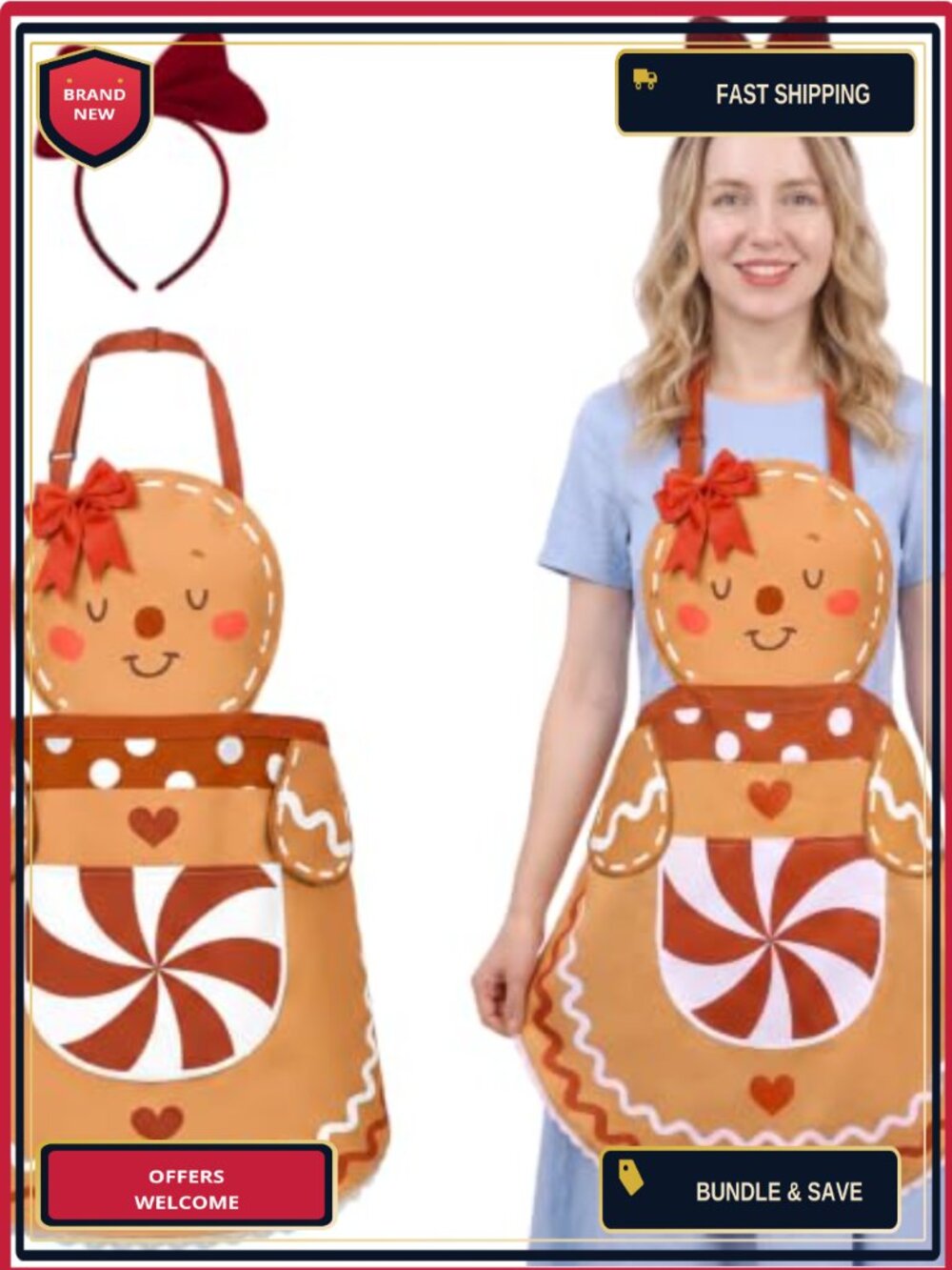 Gingerbread Apron Set with Headband Christmas Costume Women One Size